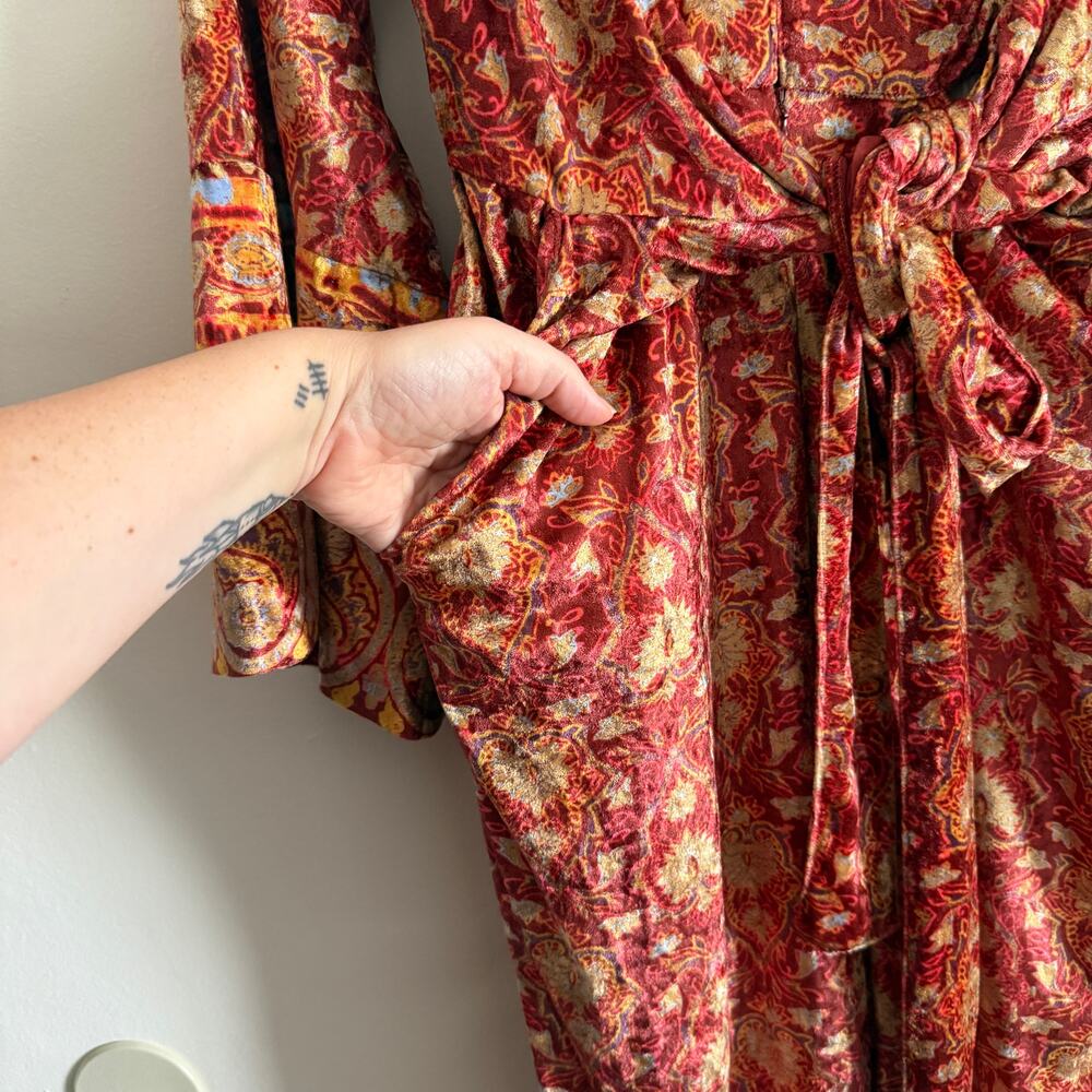 FREE PEOPLE Harper Printed Velvet Orange Flare Bell Sleeve Jumpsuit Extra Small - Picture 6 of 10